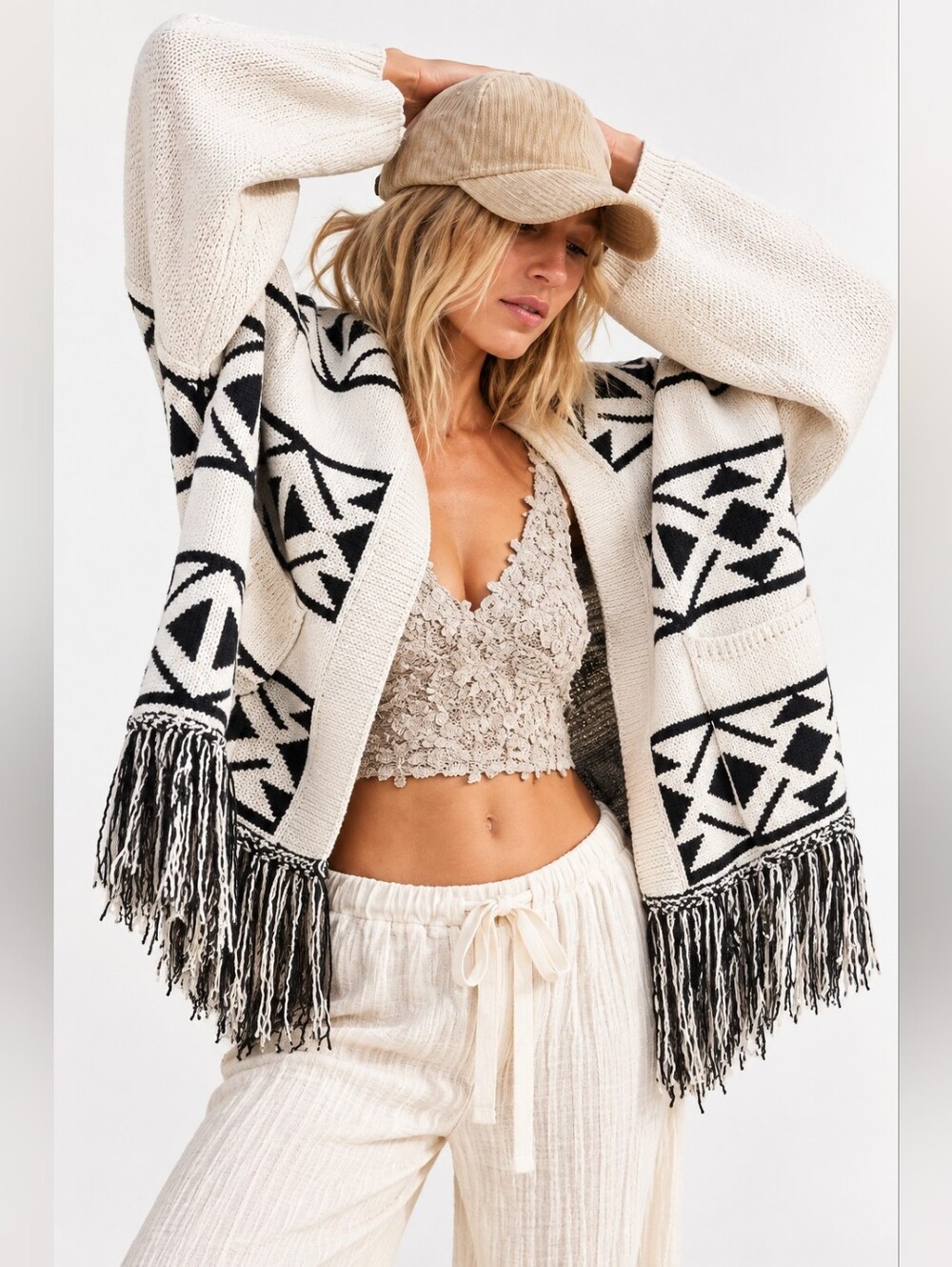 POL Cream Black Southwestern Fringe Cardigan Sweater Size S Boho